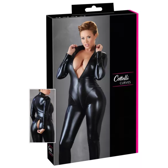 Cottelli Plus Size - macacão brilhante manga longa - preto - 4XL