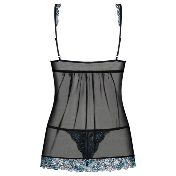 Obsessive - babydoll e tanga rendado - preto e turquesa - L/XL