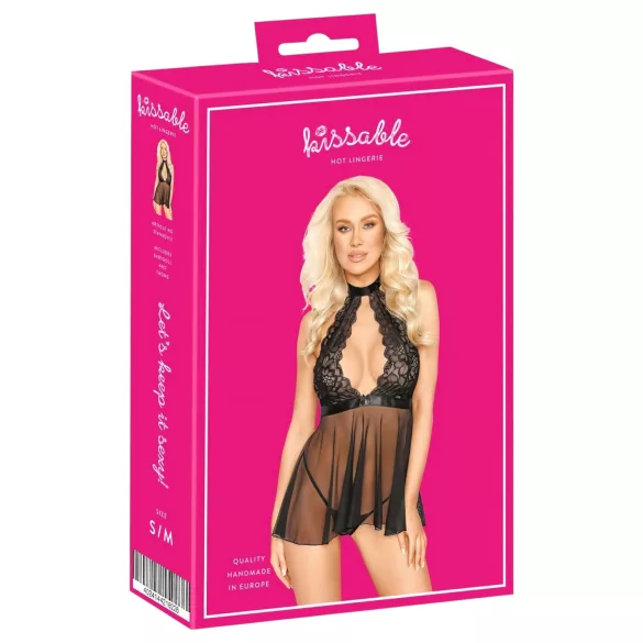 Kissable - camisola babydoll rendada com gola - preto