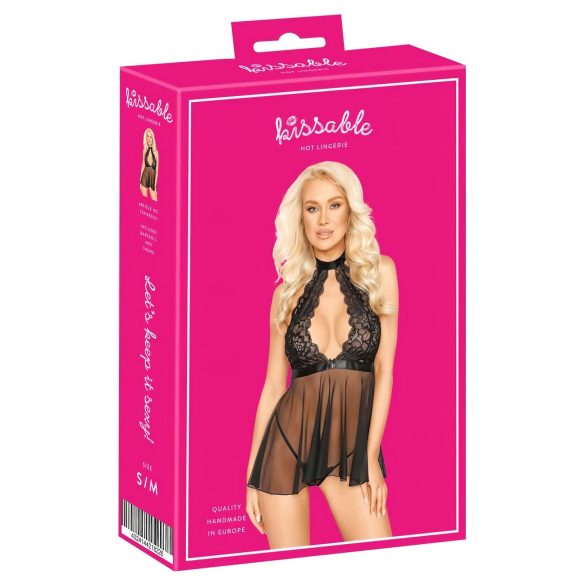 Kissable - camisola babydoll rendada com gola - preto - L/XL