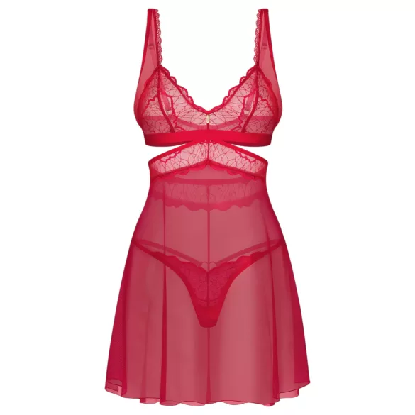 Obsessive - Camisola transparente rendada com tanga - vermelho - L/XL
