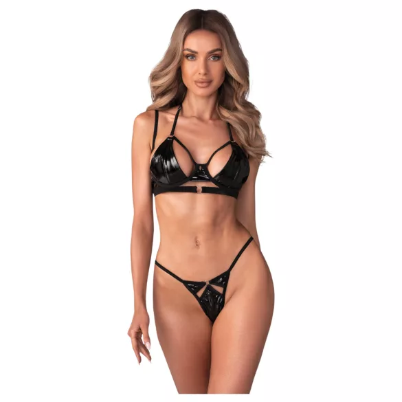Obsessive Keira Lise - conjunto lingerie brilhante - sutiã e calcinha - preto