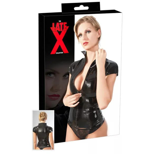 Top feminino curto de látex com zíper (preto) - 2XL