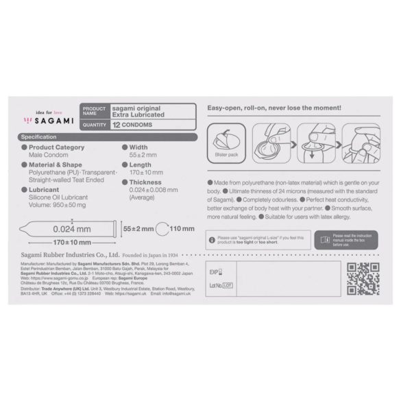 Sagami Original 0.02 - preservativo extra lubrificado - 55mm - 12 unidades