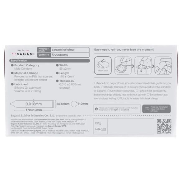 Sagami Original 0.01 - preservativo ultrafino - 55mm - 5 unidades