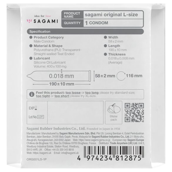Sagami Original 0,01 L - preservativo ultrafino - 58mm - 1 unidade