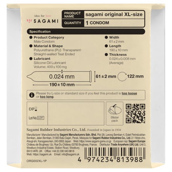 Sagami Original 0,02 XL - preservativo extra largo - 61mm - 1 unidade