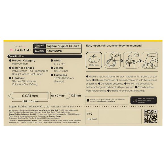 Sagami Original 0,02 XL - preservativo extra largo - 61mm - 6 unidades