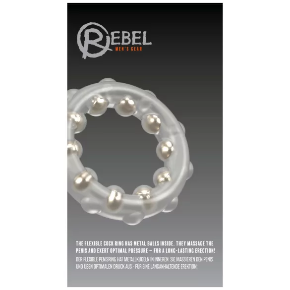 Rebel - anel peniano de silicone com esferas metálicas e saliências (transparente)