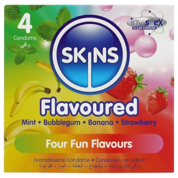 Skins - preservativos com sabor - menta, pastilha elástica, banana, morango (4 unid.)