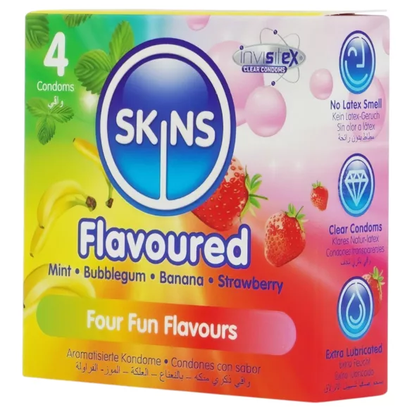 Skins - preservativos com sabor - menta, pastilha elástica, banana, morango (4 unid.)