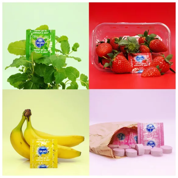Skins - preservativos com sabor - menta, pastilha elástica, banana, morango (4 unid.)