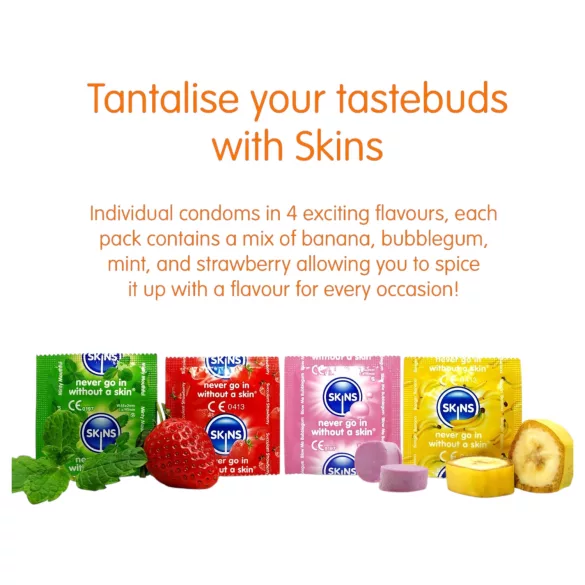 Skins - preservativos com sabor - menta, pastilha elástica, banana, morango (4 unid.)