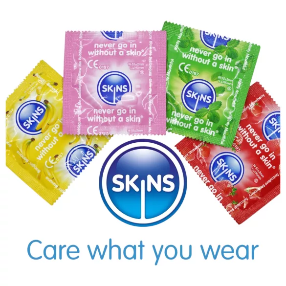 Skins - preservativos com sabor - menta, pastilha elástica, banana, morango (4 unid.)