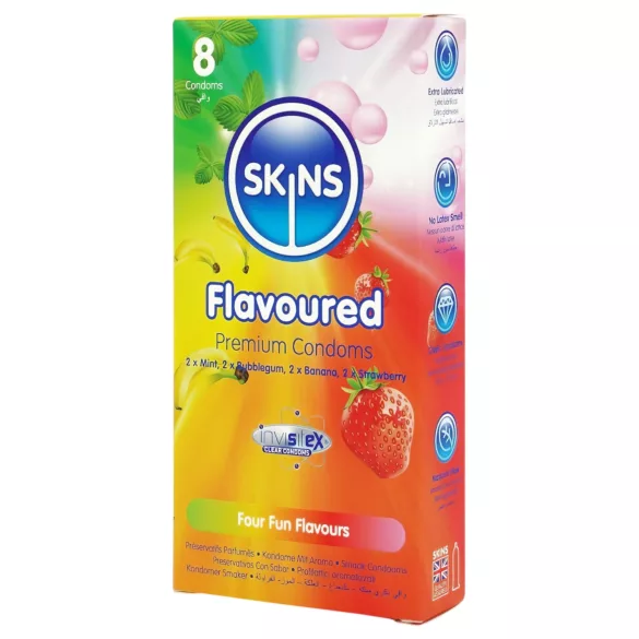 Skins - preservativos com sabor - menta, pastilha elástica, banana, morango (8 unid.)