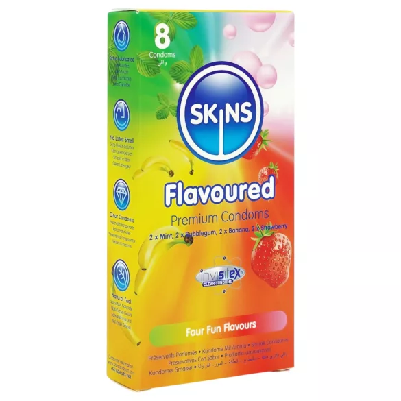 Skins - preservativos com sabor - menta, pastilha elástica, banana, morango (8 unid.)