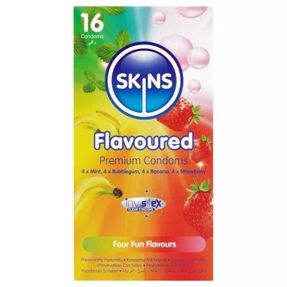 Skins - preservativos com sabor - menta, pastilha elástica, banana, morango (16 unid.)