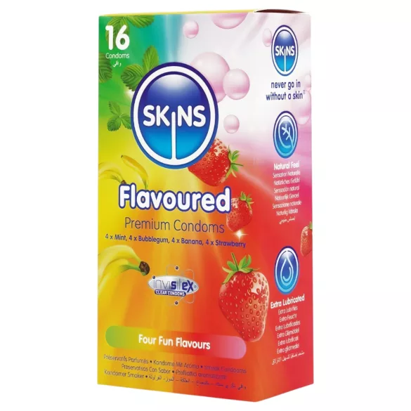 Skins - preservativos com sabor - menta, pastilha elástica, banana, morango (16 unid.)
