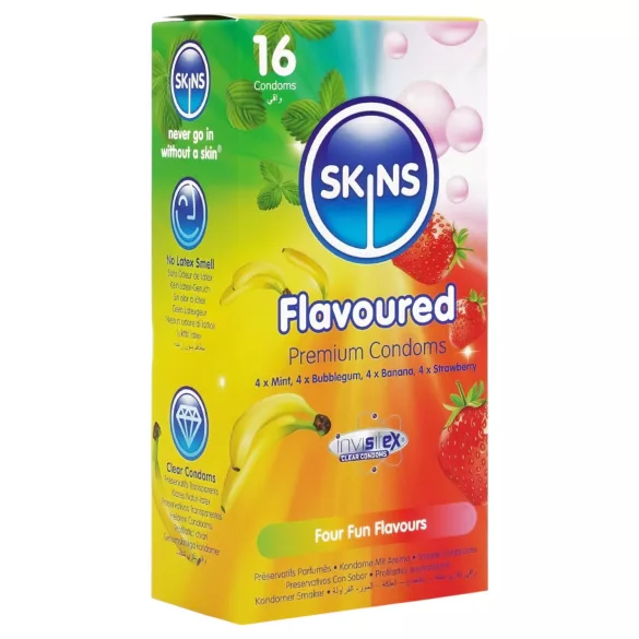 Skins - preservativos com sabor - menta, pastilha elástica, banana, morango (16 unid.)