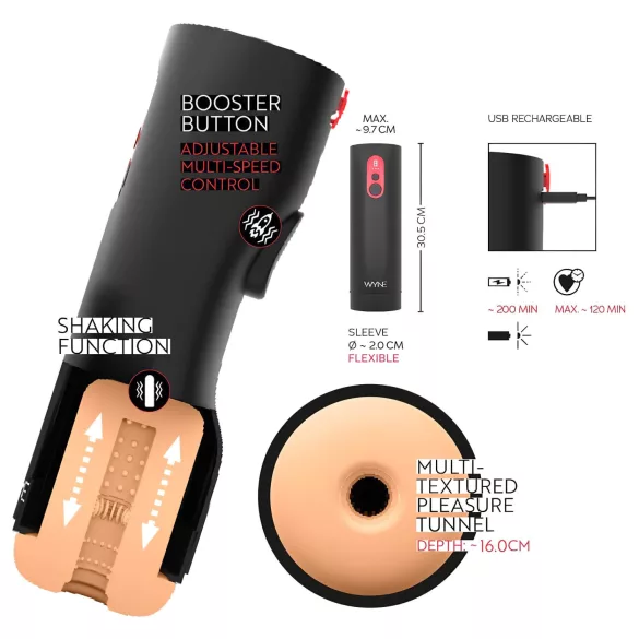 WYNE 08 - masturbador masculino elétrico movimento vertical - preto