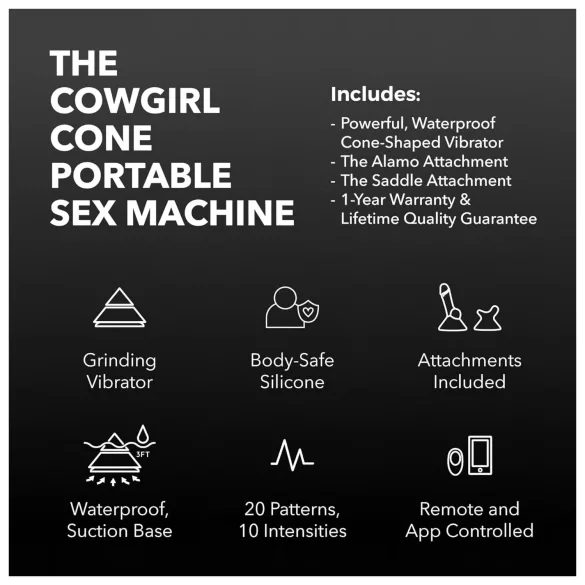 The Cowgirl Cone - máquina de sexo premium controlada por app, com 2 acessórios intercambiáveis, 20 modos de vibração (preto)