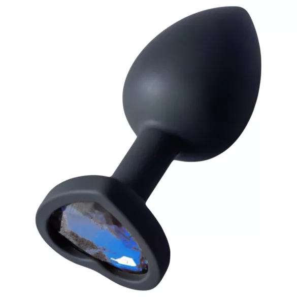 Sunfo - plug anal em silicone com pedra coração azul escuro - preto