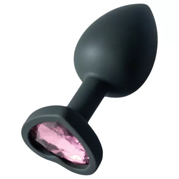 Sunfo - plug anal em silicone com pedra coração rosa - preto