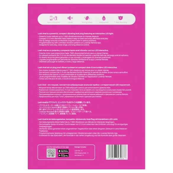 Lovense Lush Anal - Vibrador anal controlado por app, com LED - rosa