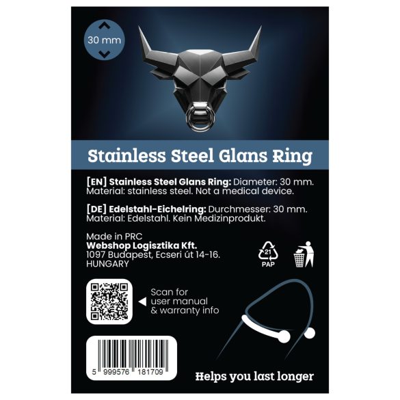 Rozsdamentes - anel peniano para glande - atraso da ejaculação - aço inox 30mm