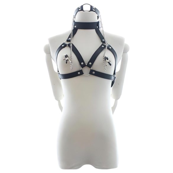 Latetobed - arnês peitoral com mordaça e presilhas para mamilos - preto