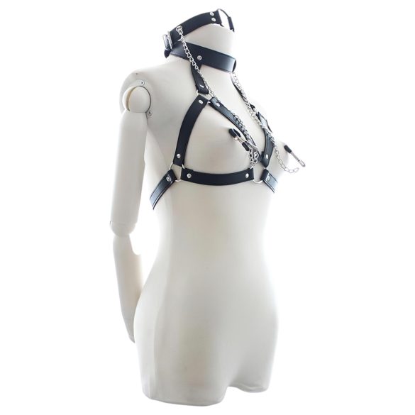 Latetobed - arnês peitoral com mordaça e presilhas para mamilos - preto