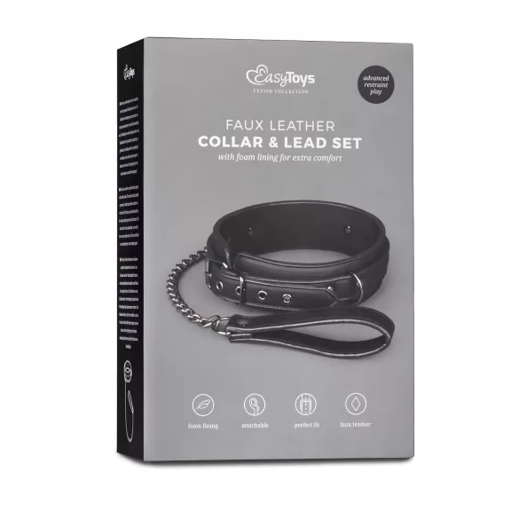 Easytoys - coleira fetiche com guia - couro sintético preto
