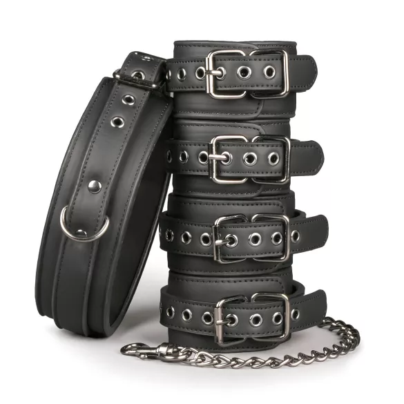 Easytoys - conjunto coleira algema pulso tornozelo - couro preto