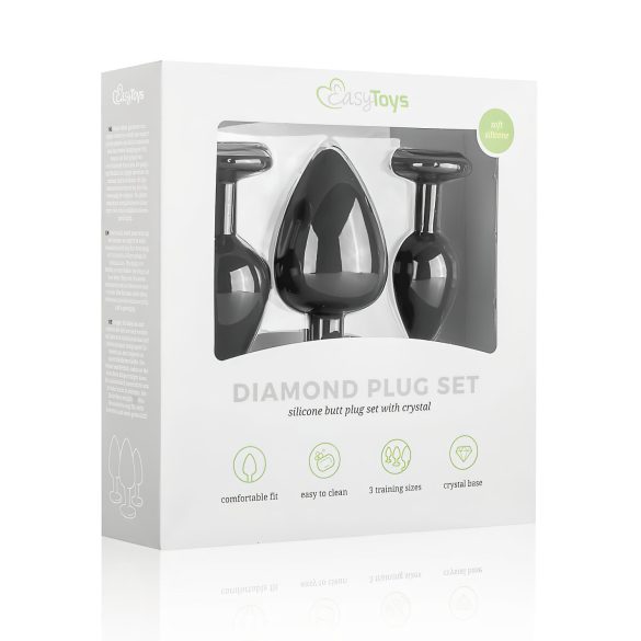 Easytoys Diamond - kit plug anal - com joia - silicone preto