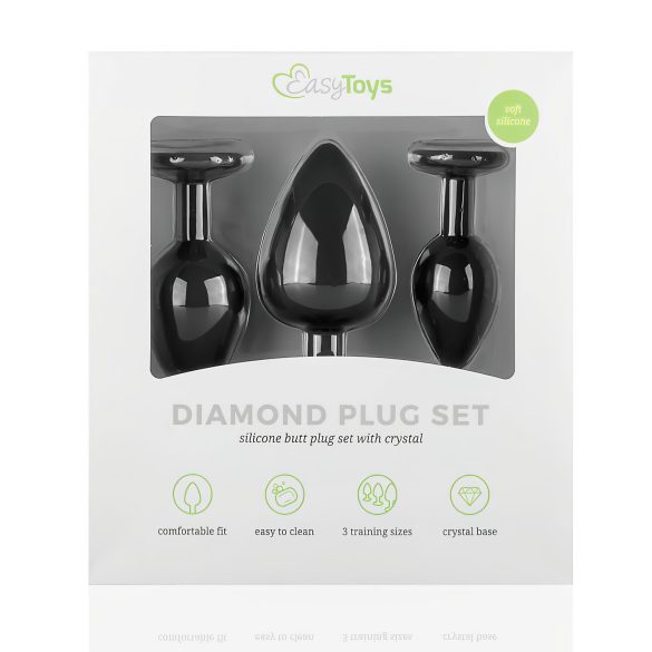 Easytoys Diamond - kit plug anal - com joia - silicone preto