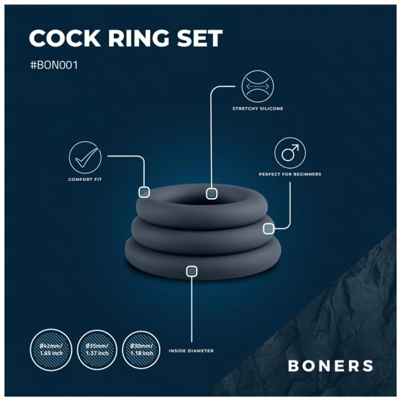Boners - anel peniano kit - 3 peças - silicone cinza
