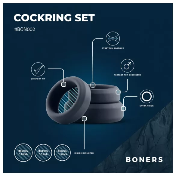 Boners - anel peniano silicone - kit com 3 unidades - cinza