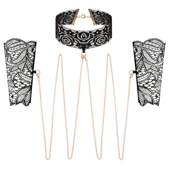 Rosy Gold - coleira e algema para punho - couro preto