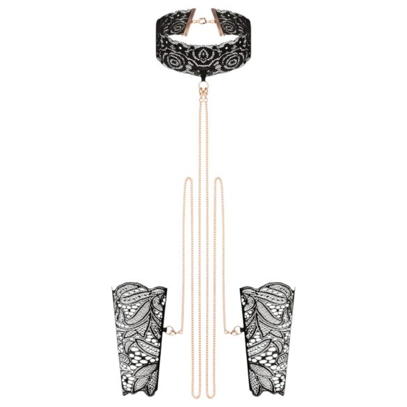 Rosy Gold - coleira e algema para punho - couro preto