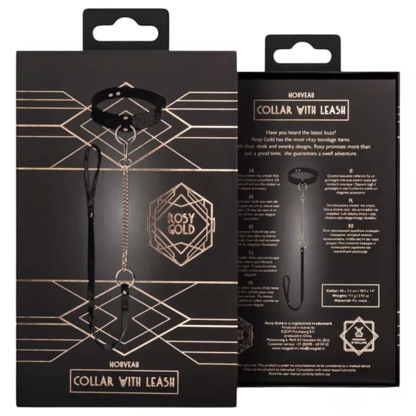 Rosy Gold - coleira com guia - couro preto e dourado rosé