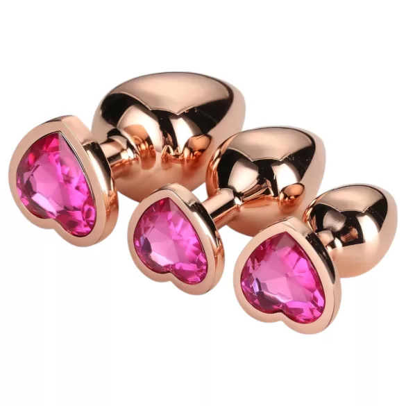 Gleaming Love - plug anal coração - kit 3 peças - rosegold