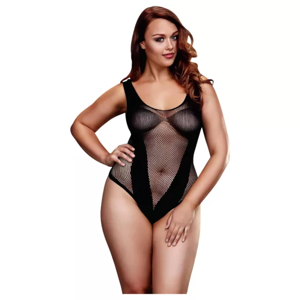 Baci - body plus size sensual em renda arrastão - preto (XL-XXL)