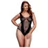 Baci - body plus size sensual em renda arrastão - preto (XL-XXL)