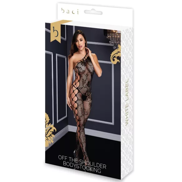 Baci - teddy lingerie ombro único - renda floral - preto (S-L)