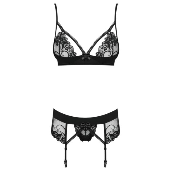 Obsessive Wonderia - conjunto de lingerie bordada em renda (preto) - L/XL