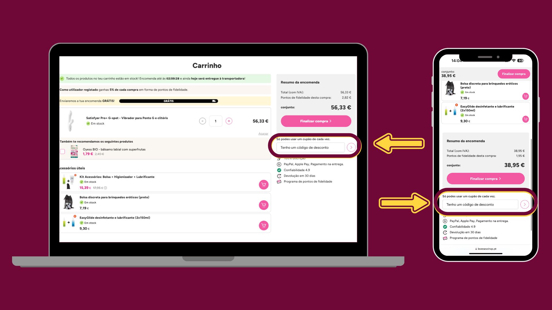 Procedimento para aplicar o cupão de desconto - Lovesexshop sex shop